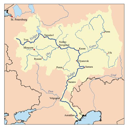 המקור של נהר וולגה על המפה